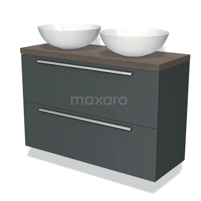 Modulo Plato Slim Badmöbel mit Aufsatzwaschbecken | 100 cm Dunkelgrau Flach front Dunkelbraune Eiche blatt 2 übereinanderliegende Schubladen BMK37-01715 Dunkelgrau Badmöbel mit Holzplatte, doppelten weißen Waschbecken und modernen silbernen Haltegriffen, ideal für stilvolle Bäder.