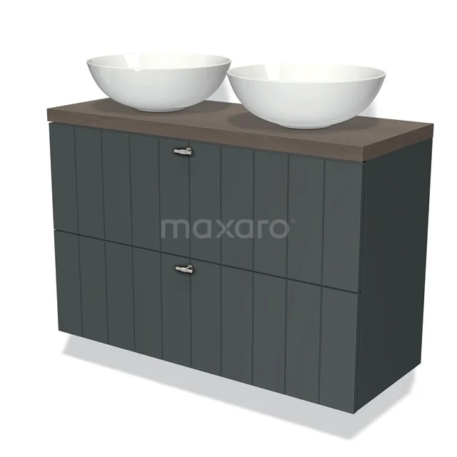 Grey wooden bathroom unit with high-gloss finish, two white countertop wash basins and soft-close drawers.