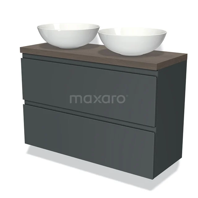 Antrazitgrau Badmöbel mit zwei weißen Aufsatzwaschbecken, Holzplatte und grifflosen Schubladen für ein modernes Badezimmer.