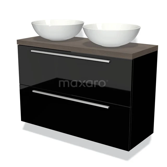 Modulo Plato Slim Vanity units for countertop basin | 100 cm High-gloss black Flat front Dark brown oak worktop 2 Stacked drawers BMK37-01718