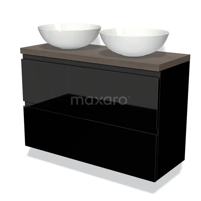 Modulo Plato Slim Vanity units for countertop basin | 100 cm High-gloss black Handle-less front Dark brown oak worktop 2 Stacked drawers BMK37-01720
