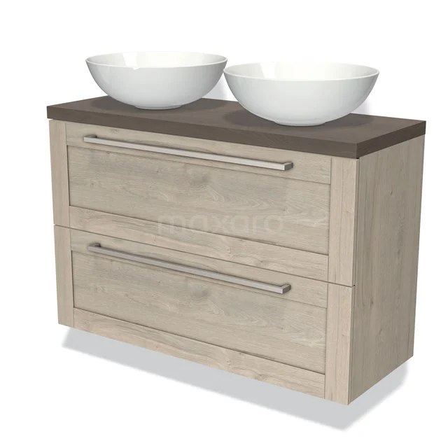 Wooden bathroom unit with double countertop wash basins, rustic finish, and chest of drawers design for stylish and practical bathroom storage.