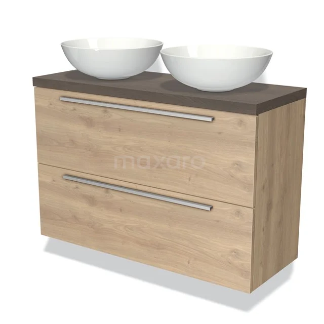 Hölzernes Badezimmermöbel mit zwei weißen Aufsatzwaschbecken, dunkler Platte und zwei breiten Schubladen, ideal für moderne Bäder.