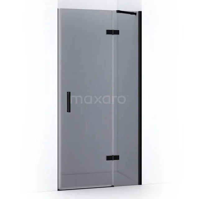 Glass shower door with matte black hinges, modern design, ideal for a stylish bathroom renovation.