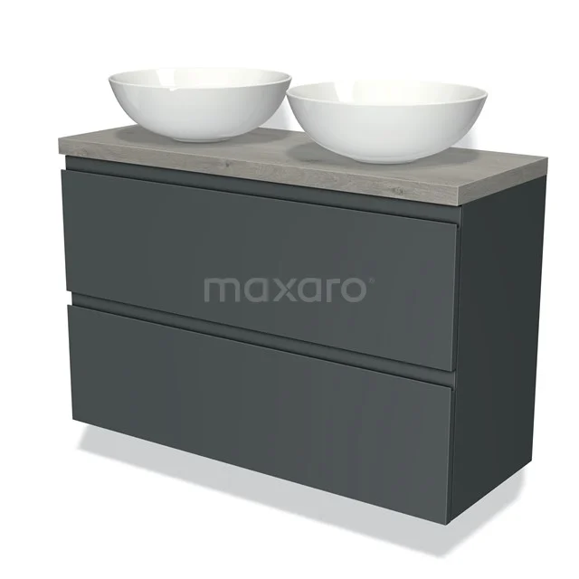 Grijze badkamermeubelset met dubbele waskommen, betonlook blad en strak minimalistisch design, ideaal voor moderne badkamers.