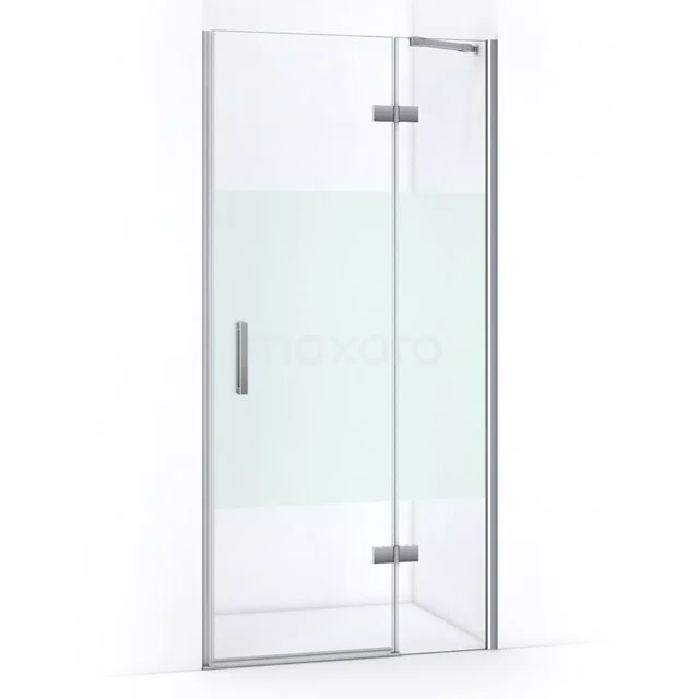 Corner shower with clear glass, silver profiles and pivot door, ideal for modern bathroom design.