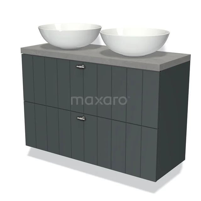 Grauer Badschrank mit Waschtischplatte und zwei weißen Aufsatzwaschbecken, modernes Design, ideal für stilvolle Badezimmergestaltung.