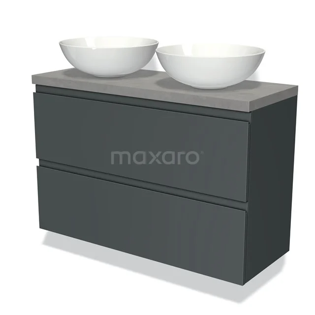 Modulo Plato Slim Vanity units for countertop basin | 100 cm Dark grey Handle-less front Light grey concrete worktop 2 Stacked drawers BMK37-01777