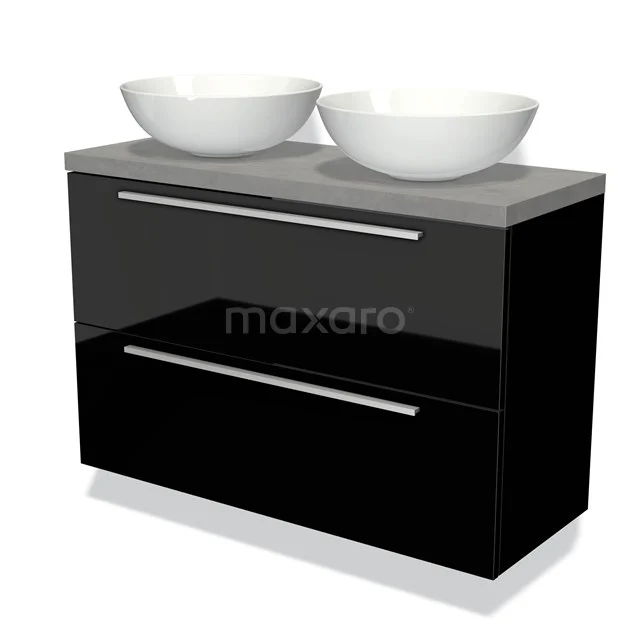 Waschtischunterschrank mit Konsole 100cm Modulo Plato Slim Hochglanz Schwarz 2 Schubladen Flach BMK37-01778 Schwarz Hochglanz-Badmöbel mit doppelten weißen Aufsatzwaschbecken, grauer Platte und schlichten Chromfarbenen Haltegriffen.