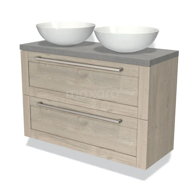 Wooden bathroom unit with grey worktop, double basin bowls and two drawers with steel handles. Modern design, suitable for bathrooms.