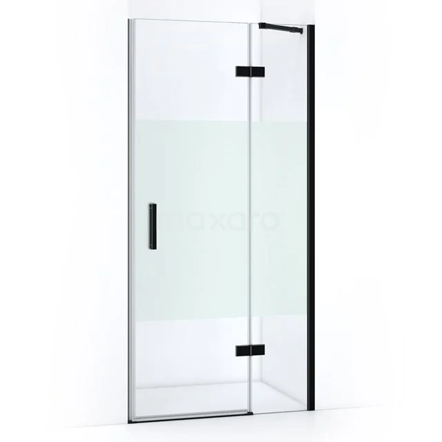 Glass shower door with black frame and swivel function, sleek design, ideal for modern bathrooms.