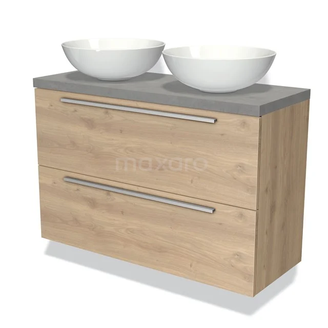 Holz-Badmöbel mit grauer Platte, doppelten weißen Aufsatzwaschbecken und geräumigen Schubladen; modernes Design für stilvolle Bäder.