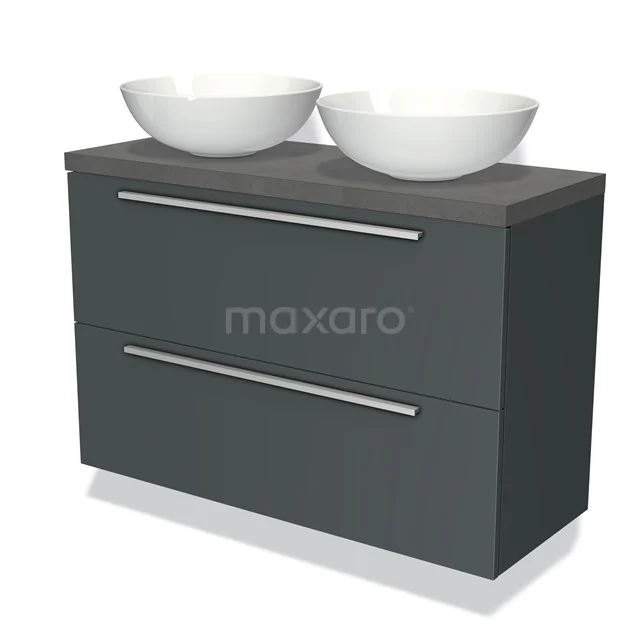 Dunkelgrau Badmöbel mit zwei weißen Aufsatzwaschbecken, modernes Design und schlichte Metallhaltegriffe.