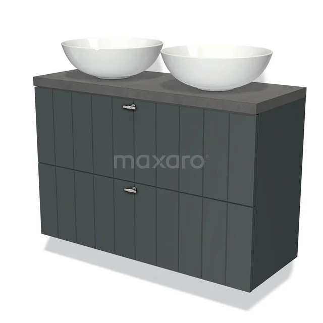 Dunkelgrau Badmöbel mit doppelten Aufsatzwaschbecken und Holzmaserung Design, ideal für stilvolle und moderne Badezimmerinrichtungen.