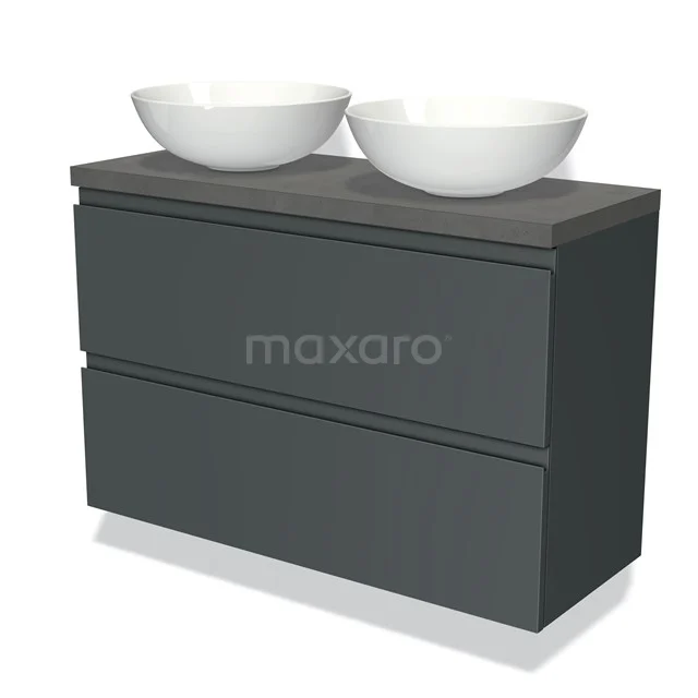 Dunkelgrau Badmöbel mit doppelten weißen Aufsatzwaschbecken, schlichtes Design, ideal für ein modernes Badezimmer.