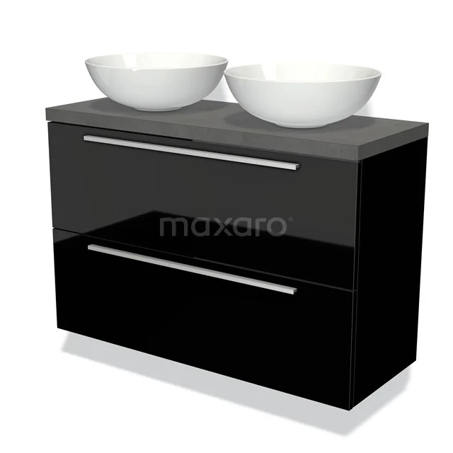 Modulo Plato Slim Vanity units for countertop basin | 100 cm High-gloss black Flat front Dark grey concrete worktop 2 Stacked drawers BMK37-01809