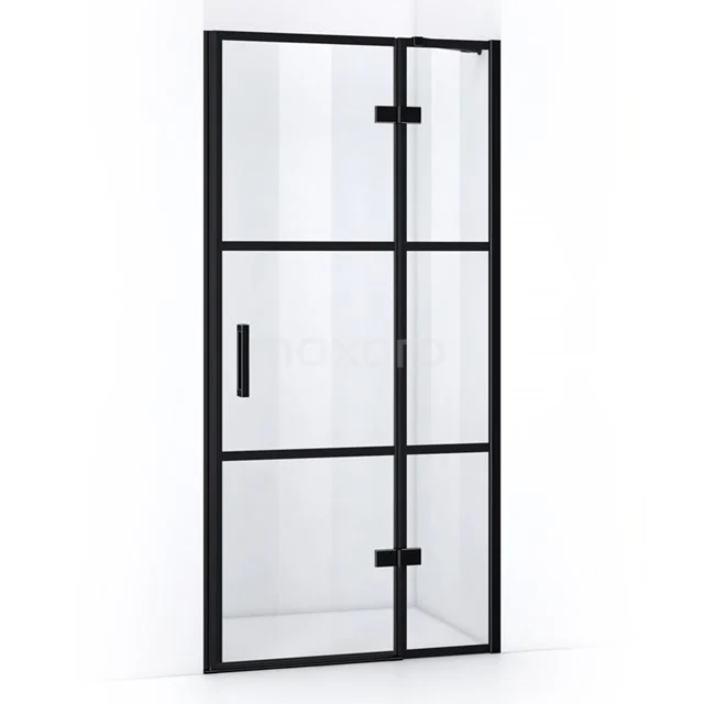 Pearl Duschtür | 90 cm Matt Schwarz Klar mit 4 schwarzen Streifen Drehtür WPB63128M Schwarze industrielle Duschtür mit Klarglas, matt schwarzem Aluminiumprofil, ideal für einen modernen Badezimmerstil.
