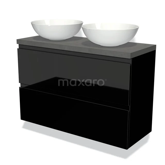 Schwarz Badmöbel mit Hochglanzoberfläche, zwei weißen Aufsatzwaschbecken und einer Anthrazit-Arbeitsplatte, modernes Design.