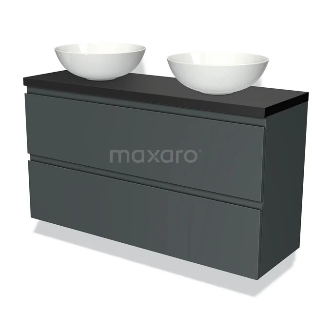 Modulo Plato Slim Vanity units for countertop basin | 120 cm Dark grey Handle-less front Matte black worktop 2 Stacked drawers BMK37-01836