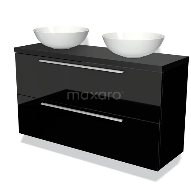 Black bathroom unit with high-gloss finish, two white countertop wash basins and sleek metal handles.