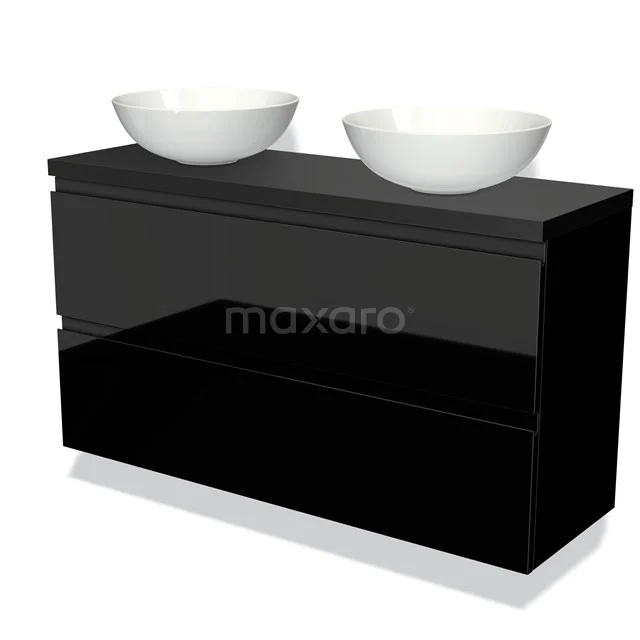 Modulo Plato Slim Vanity units for countertop basin | 120 cm High-gloss black Handle-less front Matte black worktop 2 Stacked drawers BMK37-01839
