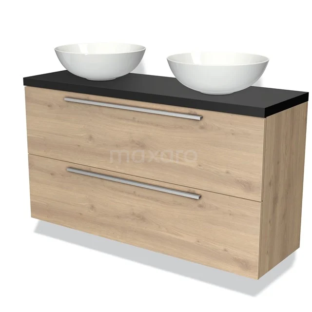 Modulo Plato Slim Badmöbel mit Aufsatzwaschbecken | 120 cm Hellbraune Eiche Flach front Matt Schwarz blatt 2 übereinanderliegende Schubladen BMK37-01844 Licht Eichen Badezimmermöbel mit schwarzer Platte und zwei weißen Aufsatzbecken, straffes Design mit Edelstahl-Griffen.