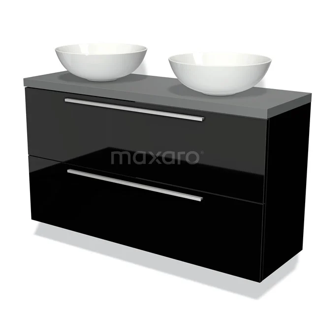 Modulo Plato Slim Vanity units for countertop basin | 120 cm High-gloss black Flat front Mid grey worktop 2 Stacked drawers BMK37-01866