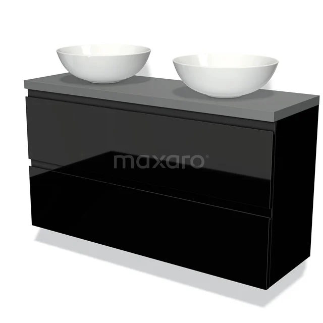 Modulo Plato Slim Vanity units for countertop basin | 120 cm High-gloss black Handle-less front Mid grey worktop 2 Stacked drawers BMK37-01868