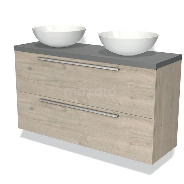 Modulo Plato Slim Badmöbel mit Aufsatzwaschbecken | 120 cm Hellgraue Eiche Flach front Mittelgrau blatt 2 übereinanderliegende Schubladen BMK37-01871 Holz Badezimmermöbel mit Grau Platte, doppelte weiße Aufsatzwaschbecken und metallische Griffe, ideal für ein modernes Badezimmer.