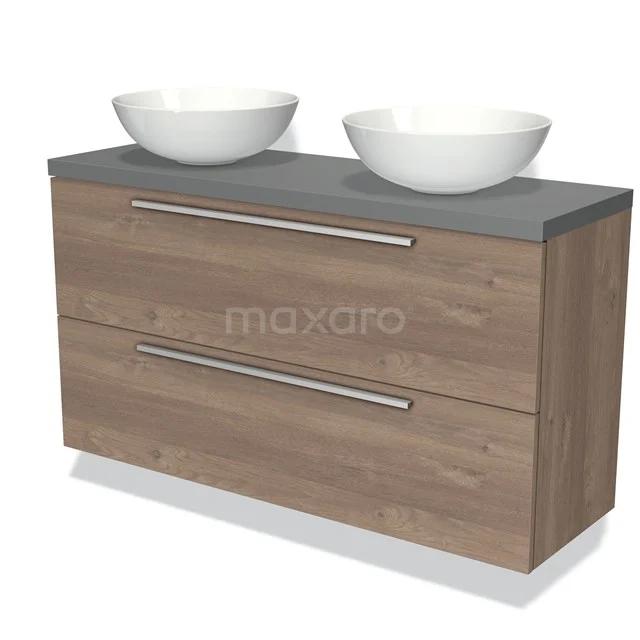 Wooden bathroom unit with two white countertop wash basins, grey stone worktop and spacious drawers, ideal for a modern bathroom.