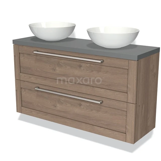 Wooden bathroom unit with double countertop wash basins, grey worktop and modern drawers, ideal for a stylish and practical bathroom.