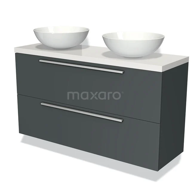 Modulo Plato Slim Vanity units for countertop basin | 120 cm Dark grey Flat front High-gloss white worktop 2 Stacked drawers BMK37-01892