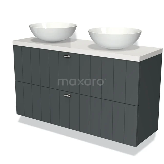 Modulo Plato Slim Vanity units for countertop basin | 120 cm Dark grey Slat front High-gloss white worktop 2 Stacked drawers BMK37-01893