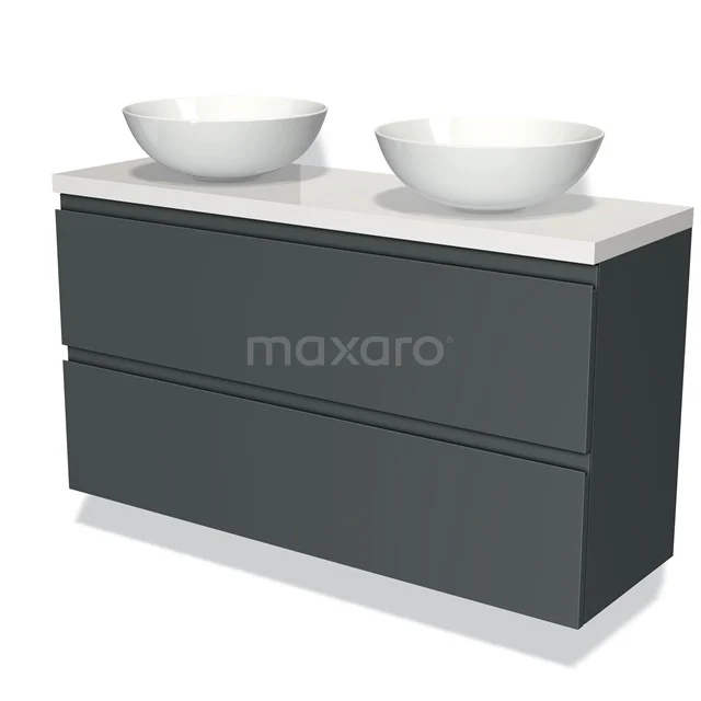 Dark grey vanity unit with two white countertop basins, ideal for stylish and modern bathroom design.