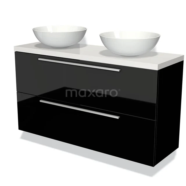 Schwarz Hochglanz-Badmöbel mit doppelten Aufsatzwaschbecken und chromatischen Haltegriffen, modernes Design und geräumigem Stauraum.