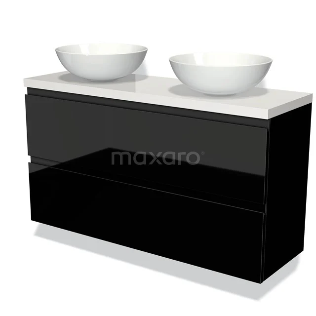Black Bathroom unit with glossy finish, double white drawers and drawers, modern design, ideal for a stylish bathroom.