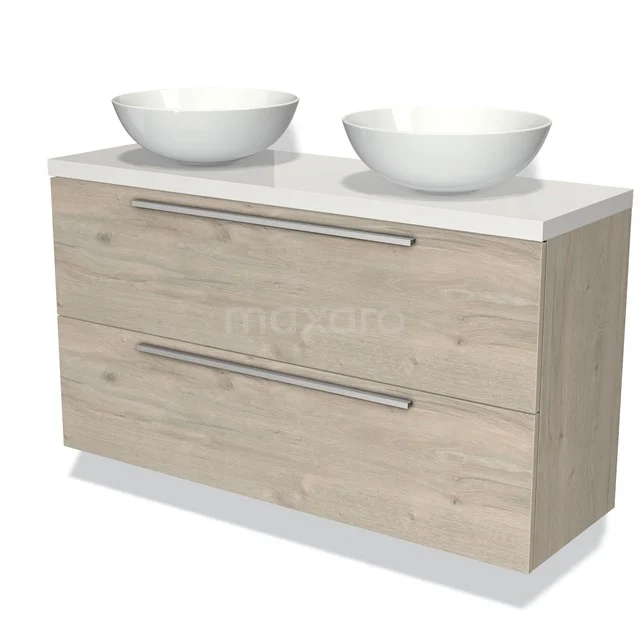 Holz Badezimmermöbel mit heller Holzfarbe, Doppelwaschbecken und zwei geräumigen Schubladen, modernes Design.