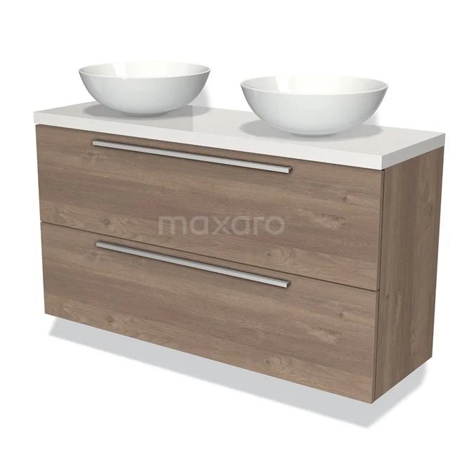 Modulo Plato Slim Badkamermeubel voor waskom | 120 cm Middenbruin eiken Vlak front Hoogglans wit blad 2 lades onder elkaar BMK37-01904