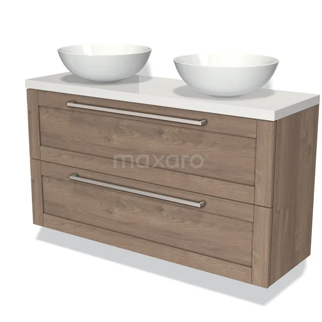 Wooden bathroom unit with double white vanity units for countertop wash basins, two drawers and modern design, ideal for stylish bathroom design.