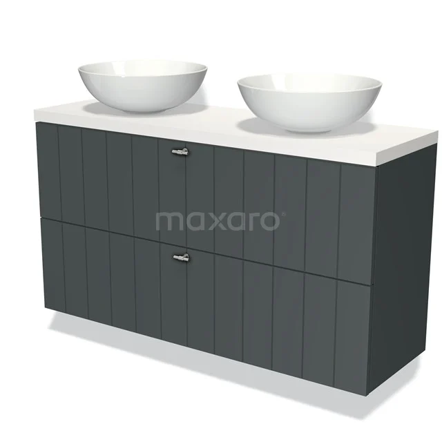 Dunkelgrau Badmöbel mit Holzmaserung, zwei weiße Aufsatzwaschbecken und einem klaren Design, perfekt für moderne Bäder.