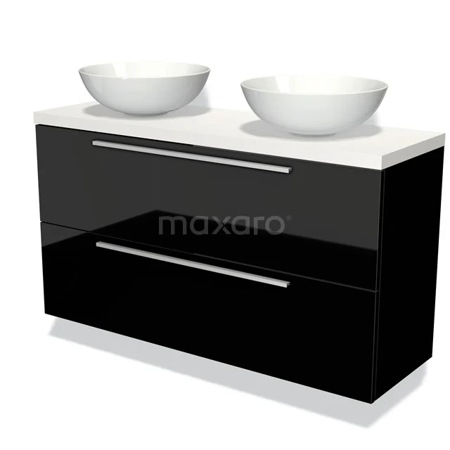 Schwarz Badmöbel mit Doppelwaschbecken, glänzender Oberfläche und modernem Stil für eine luxuriöse Ausstrahlung.