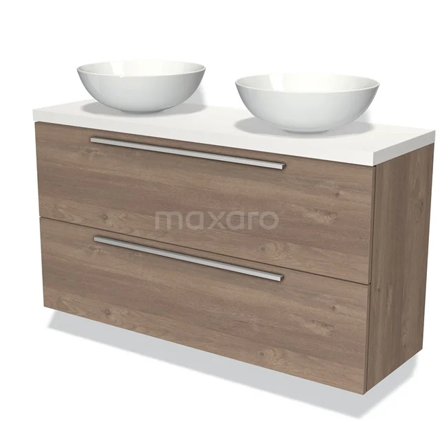 Modulo Plato Slim Vanity units for countertop basin | 120 cm Mid brown oak Flat front Matte white worktop 2 Stacked drawers BMK37-01933