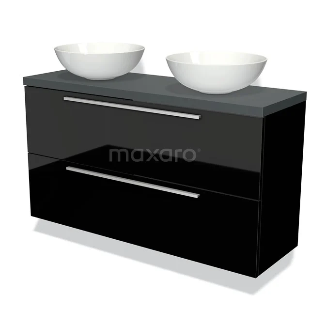 Modulo Plato Slim Vanity units for countertop basin | 120 cm High-gloss black Flat front Dark grey worktop 2 Stacked drawers BMK37-01953