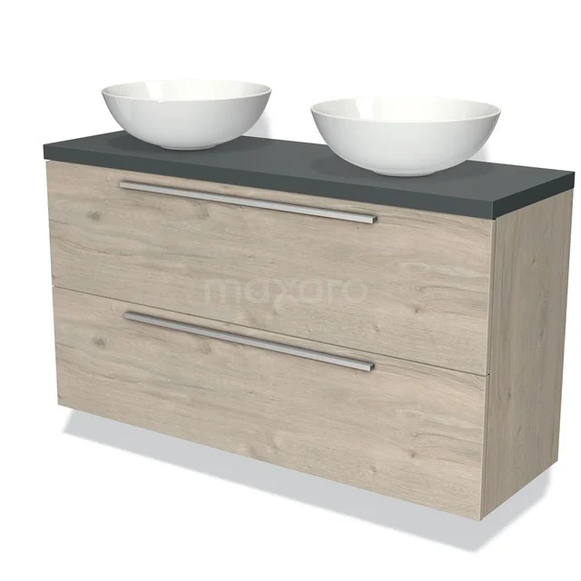 Waschtischunterschrank mit Konsole 120cm Modulo Plato Slim Hellgraue Eiche 2 Schubladen Flach BMK37-01958 Badezimmermöbel mit doppeltem Waschbecken, Holzoptik mit grauer Oberplatte, moderne Griffen, ideal für stilvolle Badezimmerlagerung.