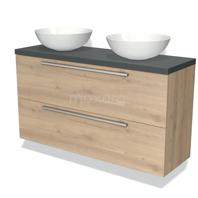 Holz-Badezimmermöbel mit Dunkelgrau Platte, zwei weißen Aufsatzwaschbecken und metallischen Haltegriffen; modernes und praktisches Design.