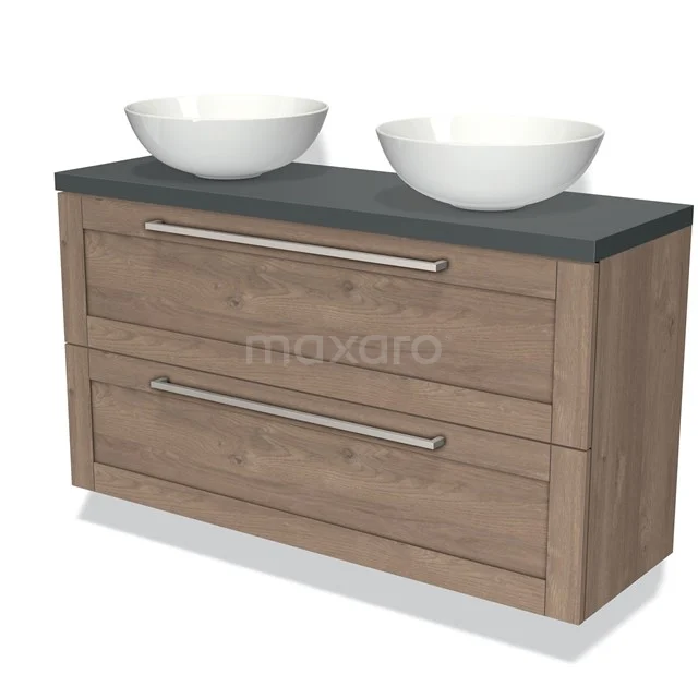 Wooden bathroom unit in Oak look with two drawers, black top and two white surface-mounted bowls.