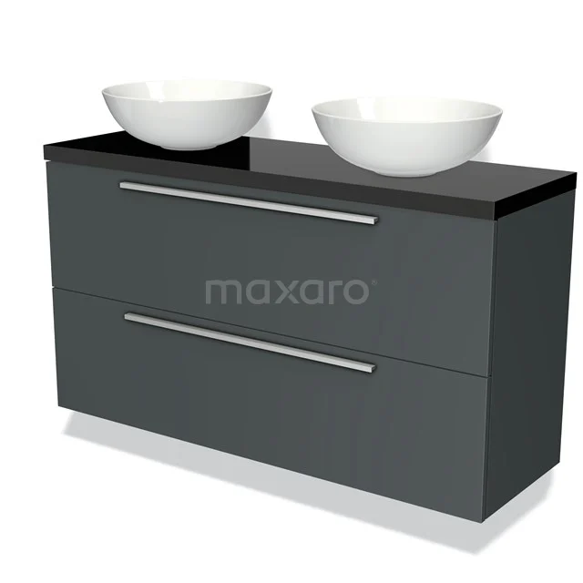 Badmöbel für Aufsatzwaschbecken 120cm Modulo Plato Slim Dunkelgrau 2 Schubladen Flach BMK37-01982 Dunkles Badmöbelset mit zwei weißen Aufsatzwaschbecken und schwarzer Glasplatte, ideal für moderne Badezimmergestaltung.