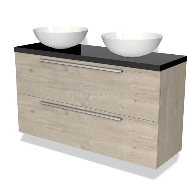 Holz-Badmöbel mit schwarzer Platte, zwei weißen Waschbecken, tiefen Schubladen und klarem Design für einen modernen Badezimmerstil.