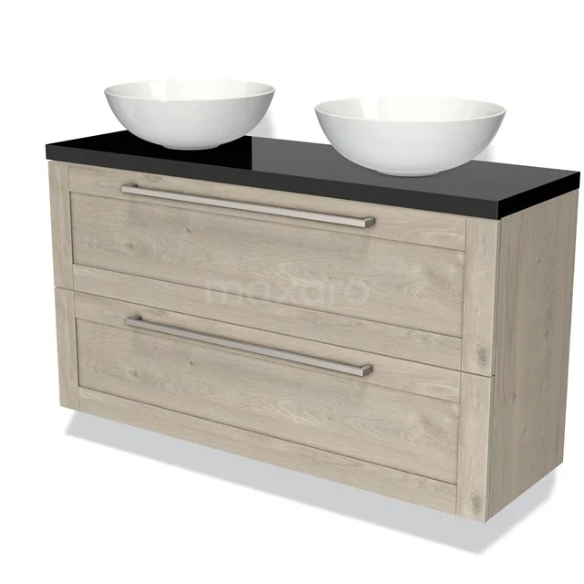 Wooden bathroom unit with two drawers, black basin worktop and double round basins, modern design.