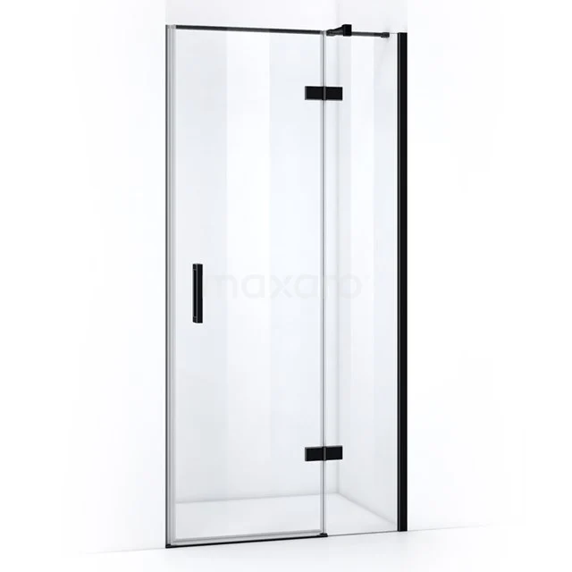 Pearl Shower door | 90 cm Matte black Clear glass Pivot door WPC63420M Glass shower door with black frame and hinges, modern design, perfect for a stylish bathroom.